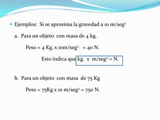 Ejemplos: Si se aproxima la gravedad a 10 m/seg2

  a. Para un objeto con masa de 4 kg.

      Peso = 4 Kg. x 10m/seg2 = 40 N.

             Esto indica que kg. x m/seg2 = N.


  b. Para un objeto con masa de 75 Kg

      Peso = 75Kg x 10 m/seg2 = 750 N.
 