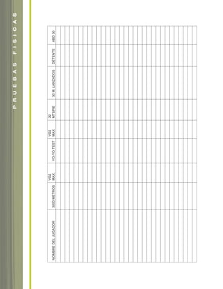 P R U E B A S             F I S I C A S
                                                                                                           soccer book_pgs_96_123




                                   VO2                 VO2   30
                                                                                                           8/7/07




NOMBRE DEL JUGADOR   3000 METROS   MAX.   YO-YO TEST   MAX   MTSPIE   30 M. LANZADOS   DÉTENTE   ABD 30
                                                                                                           9:22 AM
                                                                                                           Page 26
 