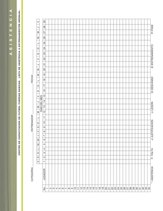 CATEGORIA__________________________ENTRENADOR_______________________FECHA___________________
VSDLMMJVSDLMMJVSDLMMJVSDLMMJV
DIASDELMES
No.JUGADOR1234567891011121314151617181920212223242526272829
1
2
3
4
5
6
7
8
9
10
11
12
13
14
15
16
17
18
19
20
21
22
23
24
25
26
27
28
29
30
31
32
33
34
*/ASISTENCIAF/FALTAJ/JUSTIFICACIONL/LESIOND/DESCANSOE/ENTRENAMIENTOP/PASE
CENTRODECAPACITACIONDEFUTBOLFUERZASBASICAS.LISTADEASISTENCIAAENTRENAMIENTOSMENSUAL.
ASISTENCIA
soccer book_pgs_96_123 8/7/07 9:21 AM Page 6
 