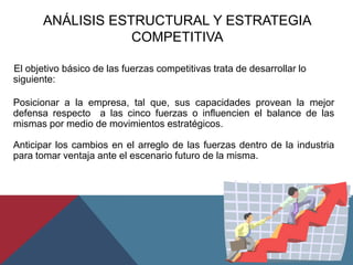 ANÁLISIS ESTRUCTURAL Y ESTRATEGIA
COMPETITIVA
El objetivo básico de las fuerzas competitivas trata de desarrollar lo
siguiente:
Posicionar a la empresa, tal que, sus capacidades provean la mejor
defensa respecto a las cinco fuerzas o influencien el balance de las
mismas por medio de movimientos estratégicos.
Anticipar los cambios en el arreglo de las fuerzas dentro de la industria
para tomar ventaja ante el escenario futuro de la misma.
 