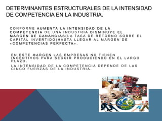 DETERMINANTES ESTRUCTURALES DE LA INTENSIDAD
DE COMPETENCIA EN LA INDUSTRIA.
C O N F O R M E A U M E N T A L A I N T E N S I D A D D E L A
C O M P E T E N C I A D E U N A I N D U S T R I A D I S M I N U Y E E L
M A R G E N D E G A N A N C I A S ( L A T A S A D E R E T O R N O S O B R E E L
C A P I T A L I N V E R T I D O ) H A S T A L L E G A R A L M A R G E N D E
« C O M P E T E N C I A S P E R F E C T A » .
E N E S T E M A R G E N L A S E M P R E S A S N O T I E N E N
I N C E N T I V O S P A R A S E G U I R P R O D U C I E N D O E N E L L A R G O
P L A Z O .
L A I N T E N S I D A D D E L A C O M P E T E N C I A D E P E N D E D E L A S
C I N C O F U E R Z A S D E L A I N D U S T R I A .
 