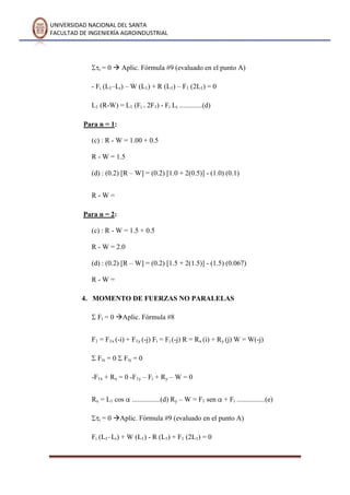 UNIVERSIDAD NACIONAL DEL SANTA
FACULTAD DE INGENIERÍA AGROINDUSTRIAL
i = 0  Aplic. Fórmula #9 (evaluado en el punto A)
- Fi (L1–Li) – W (L1) + R (L1) – F1 (2L1) = 0
L1 (R-W) = L1 (Fi + 2F1) - Fi Li .............(d)
Para n = 1:
(c) : R - W = 1.00 + 0.5
R - W = 1.5
(d) : (0.2) [R – W] = (0.2) [1.0 + 2(0.5)] - (1.0) (0.1)
R - W =
Para n = 2:
(c) : R - W = 1.5 + 0.5
R - W = 2.0
(d) : (0.2) [R – W] = (0.2) [1.5 + 2(1.5)] - (1.5) (0.067)
R - W =
4. MOMENTO DE FUERZAS NO PARALELAS
Fi = 0 Aplic. Fórmula #8
F1 = F1x (-i) + F1y (-j) Fi = Fi (-j) R = Rx (i) + Ry (j) W = W(-j)
Fix = 0 Fiy = 0
-F1x + Rx = 0 -F1y – Fi + Ry – W = 0
Rx = L1 cos ................(d) Ry – W = F1 sen + Fi ................(e)
i = 0 Aplic. Fórmula #9 (evaluado en el punto A)
Fi (L1–Li) + W (L1) - R (L1) + F1 (2L1) = 0
 