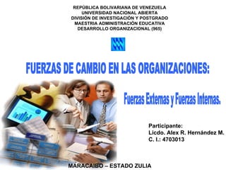 REPÚBLICA BOLIVARIANA DE VENEZUELA UNIVERSIDAD NACIONAL ABIERTA DIVISIÓN DE INVESTIGACIÓN Y POSTGRADO MAESTRIA ADMINISTRACIÓN EDUCATIVA DESARROLLO ORGANIZACIONAL (965) Participante: Licdo. Alex R. Hernández M. C. I.: 4703013 FUERZAS DE CAMBIO EN LAS ORGANIZACIONES: Fuerzas Externas y Fuerzas Internas. MARACAIBO – ESTADO ZULIA 