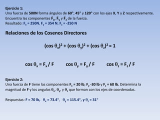 Ejercicio 1:
Una fuerza de 500N forma ángulos de 60°, 45° y 120° con los ejes X, Y y Z respectivamente.
E l F F F d l fEncuentra las componentes Fx, Fy y Fz de la fuerza. 
Resultado: Fx = 250N, Fy = 354 N, Fz = ‐250 N
Relaciones de los Cosenos DirectoresRelaciones de los Cosenos Directores
(cos θx)2 + (cos θy)2 + (cos θz)2 = 1
cos θx = Fx / F cos θy = Fy / F          cos θz = Fz / F
Ejercicio 2:
Una fuerza de F tiene las componentes Fx = 20 lb, Fy ‐30 lb y Fz = 60 lb. Determina la p x , y y z
magnitud de F y los angulos θx, θy, y θz que forman con los ejes de coordenadas.
Respuestas: F = 70 lb,   θx = 73.4°,   θy = 115.4°, y θz = 31°
 
