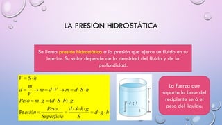 LA PRESIÓN HIDROSTÁTICA
Se llama presión hidrostática a la presión que ejerce un fluido en su
interior. Su valor depende de la densidad del fluido y de la
profundidad.
La fuerza que
soporta la base del
recipiente será el
peso del líquido.
 