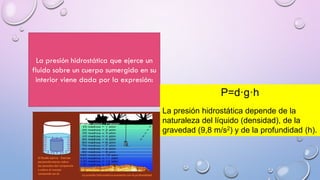La presión hidrostática que ejerce un
fluido sobre un cuerpo sumergido en su
interior viene dada por la expresión:
P=d·g·h
La presión hidrostática depende de la
naturaleza del líquido (densidad), de la
gravedad (9,8 m/s2) y de la profundidad (h).
 