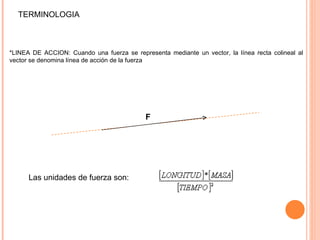 TERMINOLOGIA *LINEA DE ACCION: Cuando una fuerza se representa mediante un vector, la línea recta colineal al vector se denomina línea de acción de la fuerza    Las unidades de fuerza son:  F 