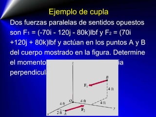 Ejemplo de cupla
Dos fuerzas paralelas de sentidos opuestos
son F1 = (-70i - 120j - 80k)lbf y F2 = (70i
+120j + 80k)lbf y actúan en los puntos A y B
del cuerpo mostrado en la figura. Determine
el momento de la cupla y la distancia
perpendicular entre las dos fuerzas
 