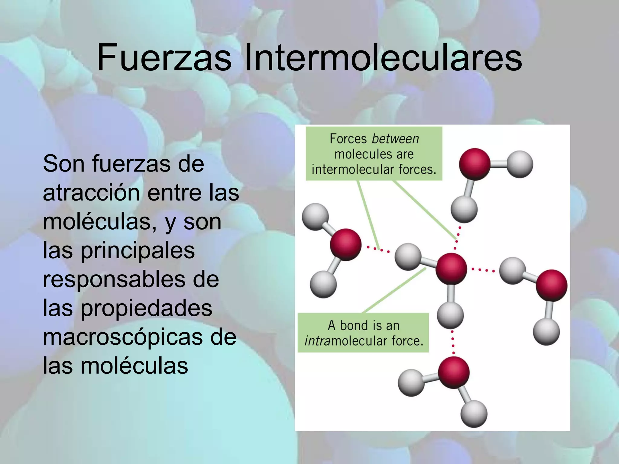 Fuerzas Intermoleculares Son fuerzas de atracción entre las moléculas, y son las principales responsables de las propiedades macroscópicas de las moléculas 