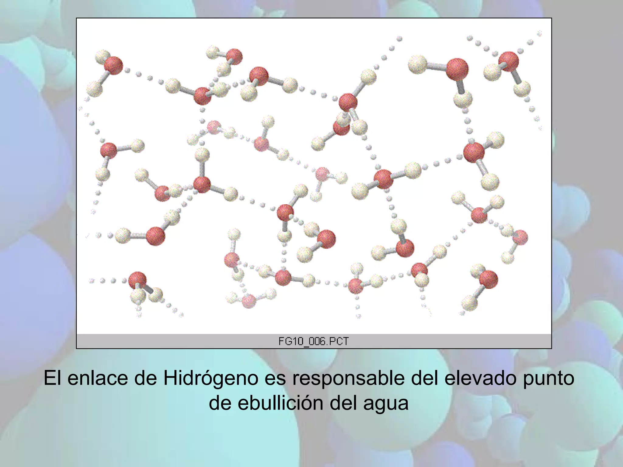 El enlace de Hidrógeno es responsable del elevado punto de ebullición del agua 