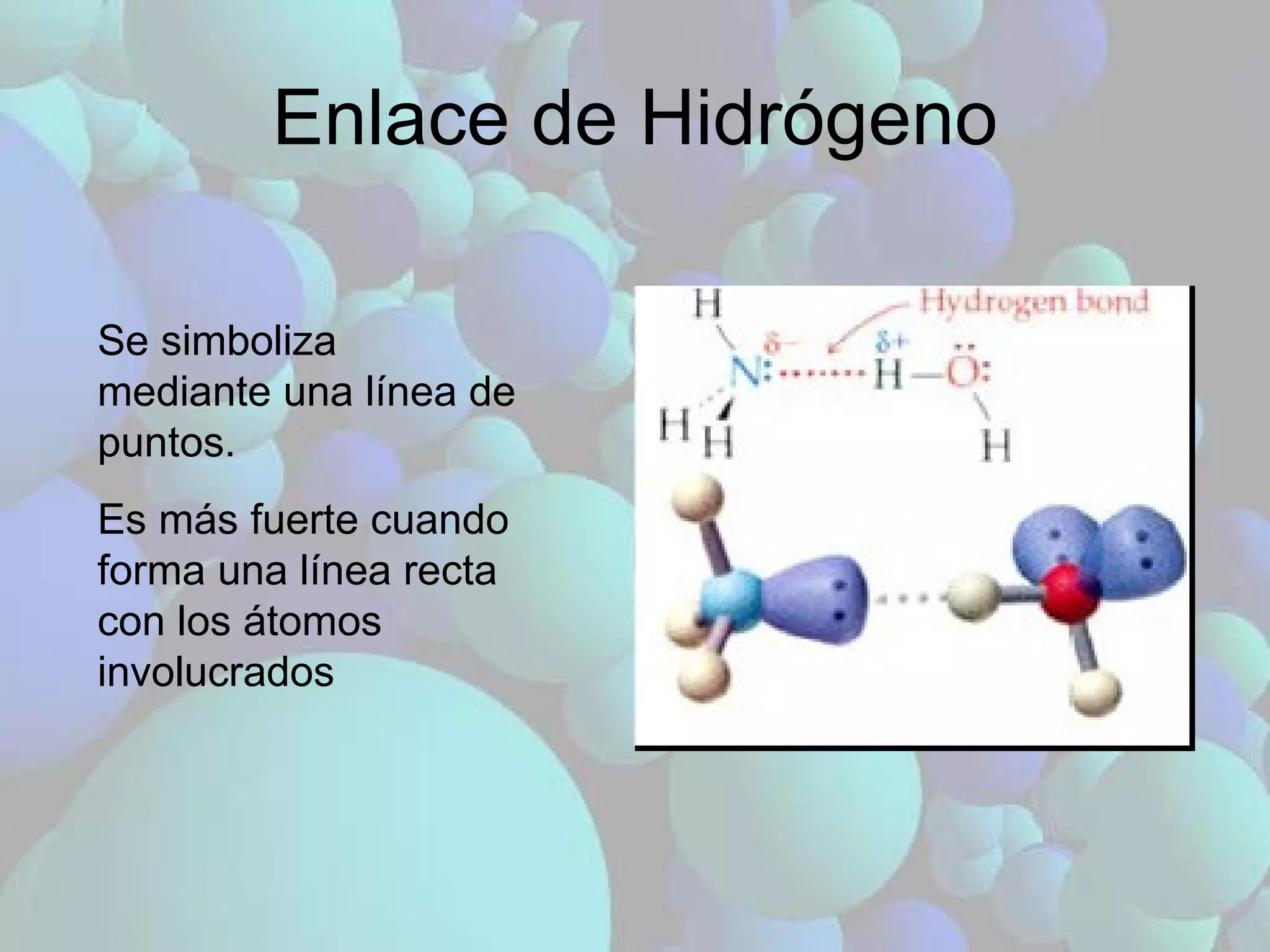 Enlace de Hidrógeno Se simboliza mediante una línea de puntos. Es más fuerte cuando forma una línea recta con los átomos involucrados 