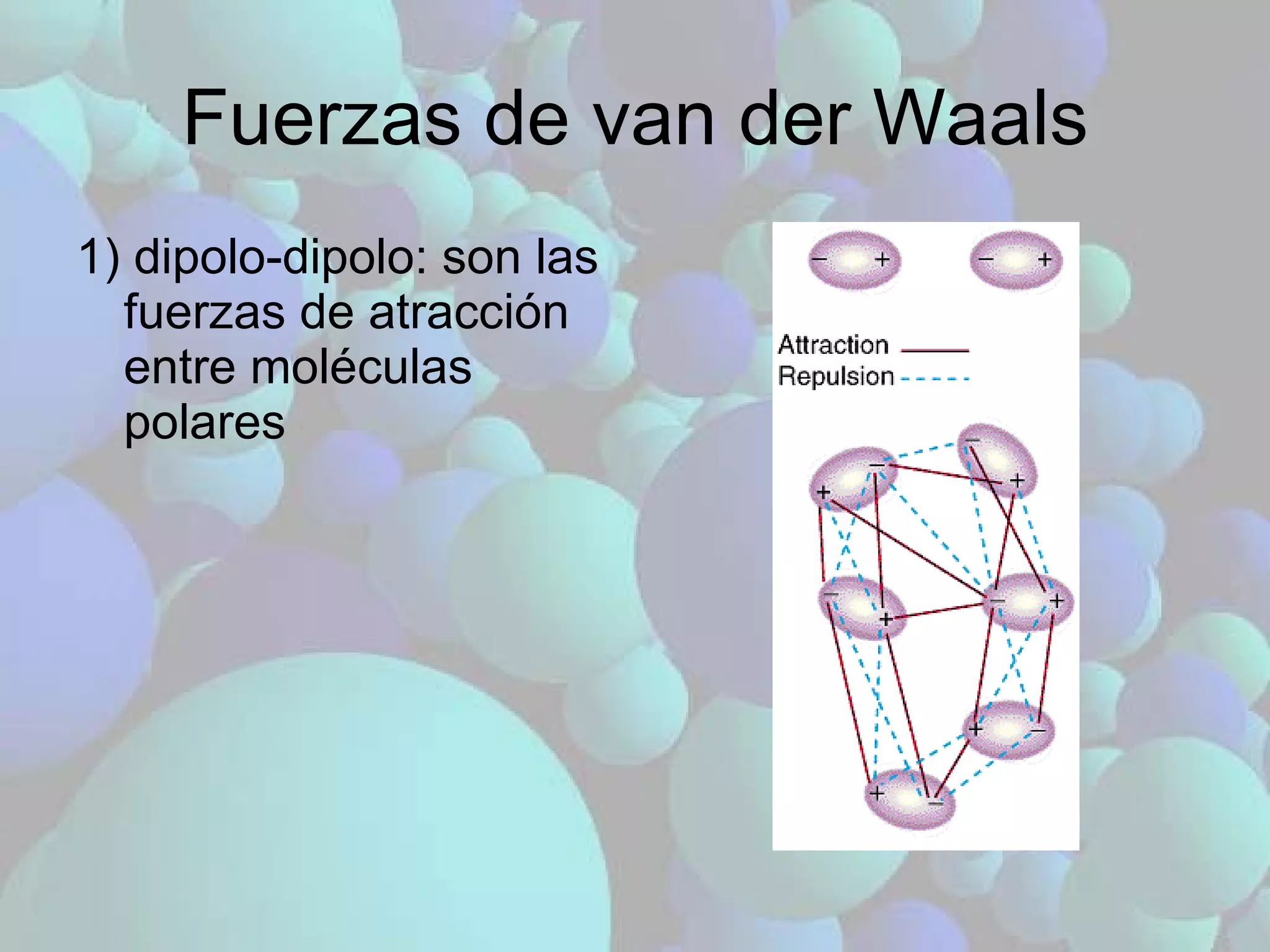 Fuerzas de van der Waals 1) dipolo-dipolo: son las fuerzas de atracción entre moléculas polares  