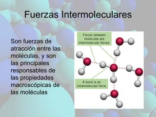Fuerzas Intermoleculares Son fuerzas de atracción entre las moléculas, y son las principales responsables de las propiedades macroscópicas de las moléculas 