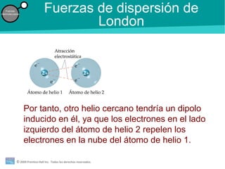 © 2009 Prentice-Hall Inc. Todos los derechos reservados.
Fuerzas
intermoleculares
Fuerzas de dispersión de
London
Por tanto, otro helio cercano tendría un dipolo
inducido en él, ya que los electrones en el lado
izquierdo del átomo de helio 2 repelen los
electrones en la nube del átomo de helio 1.
 