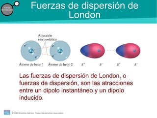 © 2009 Prentice-Hall Inc. Todos los derechos reservados.
Fuerzas
intermoleculares
Fuerzas de dispersión de
London
Las fuerzas de dispersión de London, o
fuerzas de dispersión, son las atracciones
entre un dipolo instantáneo y un dipolo
inducido.
 