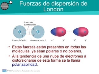 © 2009 Prentice-Hall Inc. Todos los derechos reservados.
Fuerzas
intermoleculares
Fuerzas de dispersión de
London
• Estas fuerzas están presentes en todas las
moléculas, ya sean polares o no polares.
• A la tendencia de una nube de electrones a
distorsionarse de esta forma se le llama
polarizabilidad.
 