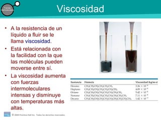 © 2009 Prentice-Hall Inc. Todos los derechos reservados.
Fuerzas
intermoleculares
Viscosidad
• A la resistencia de un
líquido a fluir se le
llama viscosidad.
• Está relacionada con
la facilidad con la que
las moléculas pueden
moverse entre sí.
• La viscosidad aumenta
con fuerzas
intermoleculares
intensas y disminuye
con temperaturas más
altas.
 