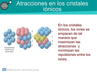 © 2009 Prentice-Hall Inc. Todos los derechos reservados.
Fuerzas
intermoleculares
Atracciones en los cristales
iónicos
En los cristales
iónicos, los iones se
empacan de tal
manera que
maximizan las
atracciones y
minimizan las
repulsiones entre los
iones.
 