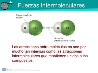 © 2009 Prentice-Hall Inc. Todos los derechos reservados.
Fuerzas
intermoleculares
Fuerzas intermoleculares
Las atracciones entre moléculas no son por
mucho tan intensas como las atracciones
intermoleculares que mantienen unidos a los
compuestos.
 