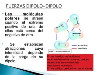  Las moléculas
polares se atraen
cuando el extremo
positivo de una de
ellas está cerca del
negativo de otra.
 Se establecen
atracciones cuya
intensidad depende
de la carga de su
dipolo.
En los líquidos, las moléculas
están en libertad de moverse, pueden
encontrarse en orientaciones
atractivas o repulsivas.
En los sólidos, predominan las atractivas.
www.chem.unsw.edu.au
 