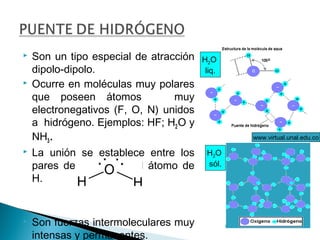  Son un tipo especial de atracción
dipolo-dipolo.
 Ocurre en moléculas muy polares
que poseen átomos muy
electronegativos (F, O, N) unidos
a hidrógeno. Ejemplos: HF; H2O y
NH3.
 La unión se establece entre los
pares de e- libres y el átomo de
H.
 Son fuerzas intermoleculares muy
intensas y permanentes.
www.virtual.unal.edu.co
H2O
liq.
H2O
sól.
 