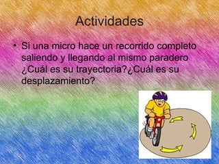 Actividades
• Si una micro hace un recorrido completo
  saliendo y llegando al mismo paradero
  ¿Cuál es su trayectoria?¿Cuál es su
  desplazamiento?
 