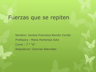 Fuerzas que se repiten
Nombre: Javiera Francisca Ramón Cortés
Profesora : Maria Hortensia Soto
Curso : 7 ° “A”
Asignatura: Ciencias Naturales
 
