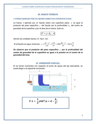 FUERZAS SOBRE SUPERFICIES PLANAS PARCIALMENTE SUMERGIDAS
3
III. MARCO TEÓRICO:
1-FUERZA EJERCIDA POR UN LÍQUIDO SOBRE UNA SUPERFICIE PLANA.
La fuerza F ejercida por un líquido sobre una superficie plana A es igual al
producto del peso específico  del líquido por la profundidad Gh del centro de
gravedad de la superficie y por el área de la misma. Esto es:
. .GF h A
Siendo las unidades típicas: N ; Kg-f ; ton.
Si el líquido es agua; entonces: 3 3 3 3
1 1 1000 9810
gr f ton kg f N
cm m m m

 
   
Se observa que el producto del peso específico  por la profundidad del
centro de gravedad de la superficie es igual a la presión en el centro de la
gravedad del área.
IV. INMERSIÓN PARCIAL:
Si se toman momentos con respecto al punto de apoyo del eje basculante, se
puede llegar a la siguiente conclusión:
 