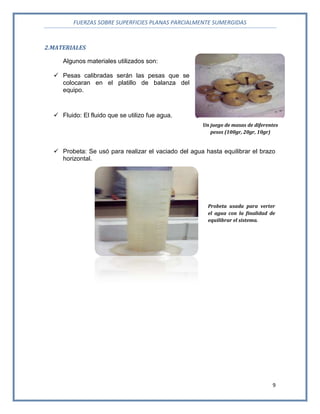 FUERZAS SOBRE SUPERFICIES PLANAS PARCIALMENTE SUMERGIDAS
9
2.MATERIALES
Algunos materiales utilizados son:
 Pesas calibradas serán las pesas que se
colocaran en el platillo de balanza del
equipo.
 Fluido: El fluido que se utilizo fue agua.
 Probeta: Se usó para realizar el vaciado del agua hasta equilibrar el brazo
horizontal.
Probeta usada para verter
el agua con la finalidad de
equilibrar el sistema.
Un juego de masas de diferentes
pesos (100gr, 20gr, 10gr)
 