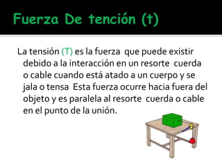 La tensión (T) es la fuerza que puede existir
debido a la interacción en un resorte cuerda
o cable cuando está atado a un cuerpo y se
jala o tensa Esta fuerza ocurre hacia fuera del
objeto y es paralela al resorte cuerda o cable
en el punto de la unión.
 
