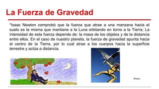 La Fuerza de Gravedad
*Isaac Newton comprobó que la fuerza que atrae a una manzana hacia el
suelo es la misma que mantiene a la Luna orbitando en torno a la Tierra; La
intensidad de esta fuerza depende de: la masa de los objetos y de la distancia
entre ellos. En el caso de nuestro planeta, la fuerza de gravedad apunta hacia
el centro de la Tierra, por lo cual atrae a los cuerpos hacia la superficie
terrestre y actúa a distancia.
Shainy
 