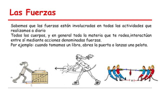 Las Fuerzas
Sabemos que las fuerzas están involucradas en todas las actividades que
realizamos a diario
Todos los cuerpos, y en general toda la materia que te rodea,interactúan
entre sí mediante acciones denominadas fuerzas.
Por ejemplo: cuando tomamos un libro, abres la puerta o lanzas una pelota.
rayen cancino
 