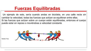 Fuerzas Equilibradas
Un ejemplo de esto, sería cuando andas en bicicleta, en una calle recta sin
cambiar la velocidad, todas las fuerzas que actúan se equilibran entre ellas.
Si las fuerzas que actúan sobre un cuerpo están equilibradas, entonces el cuerpo
puede estar en reposo o moviéndose a velocidad constante
Natalia Frias
 