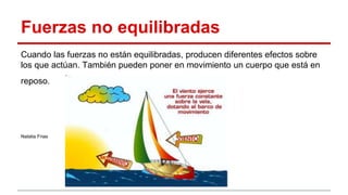 Fuerzas no equilibradas
Cuando las fuerzas no están equilibradas, producen diferentes efectos sobre
los que actúan. También pueden poner en movimiento un cuerpo que está en
reposo.
Natalia Frias
 