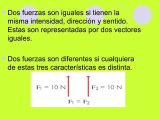 Dos fuerzas son iguales si tienen la
misma intensidad, dirección y sentido.
Estas son representadas por dos vectores
iguales.
Dos fuerzas son diferentes si cualquiera
de estas tres características es distinta.
 