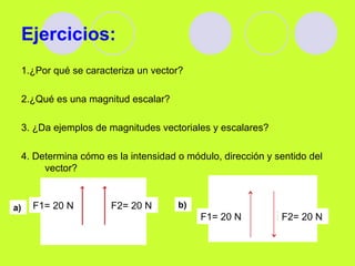 Ejercicios:
1.¿Por qué se caracteriza un vector?
2.¿Qué es una magnitud escalar?
3. ¿Da ejemplos de magnitudes vectoriales y escalares?
4. Determina cómo es la intensidad o módulo, dirección y sentido del
vector?
F1= 20 N F2= 20 Na) b)
F1= 20 N F2= 20 N
 