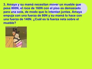 3. Amaya y su mamá necesitan mover un mueble que
pesa 800N, el roce de 160N con el piso es demasiado
para una sola, de modo que lo intentan juntas. Amaya
empuja con una fuerza de 80N y su mamá lo hace con
una fuerza de 140N. ¿Cuál es la fuerza neta sobre el
mueble?
 