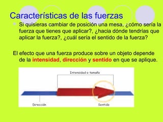 Características de las fuerzas
 Si quisieras cambiar de posición una mesa, ¿cómo sería la
fuerza que tienes que aplicar?, ¿hacia dónde tendrías que
aplicar la fuerza?, ¿cuál sería el sentido de la fuerza?
El efecto que una fuerza produce sobre un objeto depende
de la intensidad, dirección y sentido en que se aplique.
 