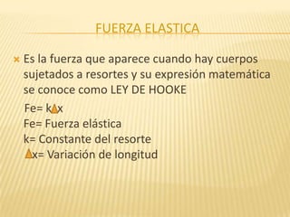 FUERZA ELASTICA
 Es la fuerza que aparece cuando hay cuerpos
sujetados a resortes y su expresión matemática
se conoce como LEY DE HOOKE
Fe= k x
Fe= Fuerza elástica
k= Constante del resorte
x= Variación de longitud
 