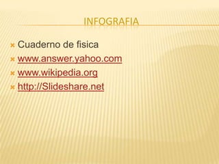 INFOGRAFIA
 Cuaderno de fisica
 www.answer.yahoo.com
 www.wikipedia.org
 http://Slideshare.net
 