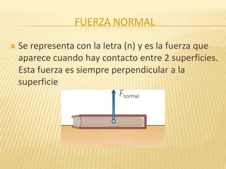 FUERZA NORMAL
 Se representa con la letra (n) y es la fuerza que
aparece cuando hay contacto entre 2 superficies.
Esta fuerza es siempre perpendicular a la
superficie
 