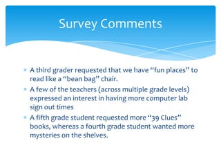 Survey Comments


A third grader requested that we have “fun places” to
read like a “bean bag” chair.
A few of the teachers (across multiple grade levels)
expressed an interest in having more computer lab
sign out times
A fifth grade student requested more “39 Clues”
books, whereas a fourth grade student wanted more
mysteries on the shelves.
 