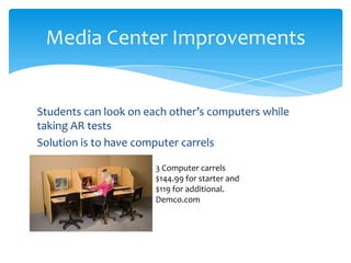 Media Center Improvements


Students can look on each other’s computers while
taking AR tests
Solution is to have computer carrels

                       3 Computer carrels
                       $144.99 for starter and
                       $119 for additional.
                       Demco.com
 
