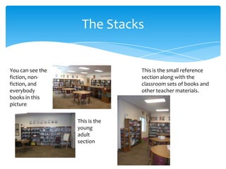 The Stacks


You can see the                 This is the small reference
fiction, non-                   section along with the
fiction, and                    classroom sets of books and
everybody                       other teacher materials.
books in this
picture


                  This is the
                  young
                  adult
                  section
 