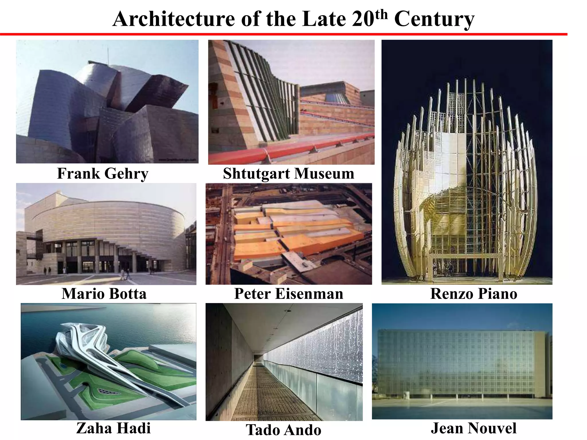 Architecture of the Late 20th Century
Frank Gehry Shtutgart Museum
Mario Botta Peter Eisenman Renzo Piano
Zaha Hadi Tado Ando Jean Nouvel
 