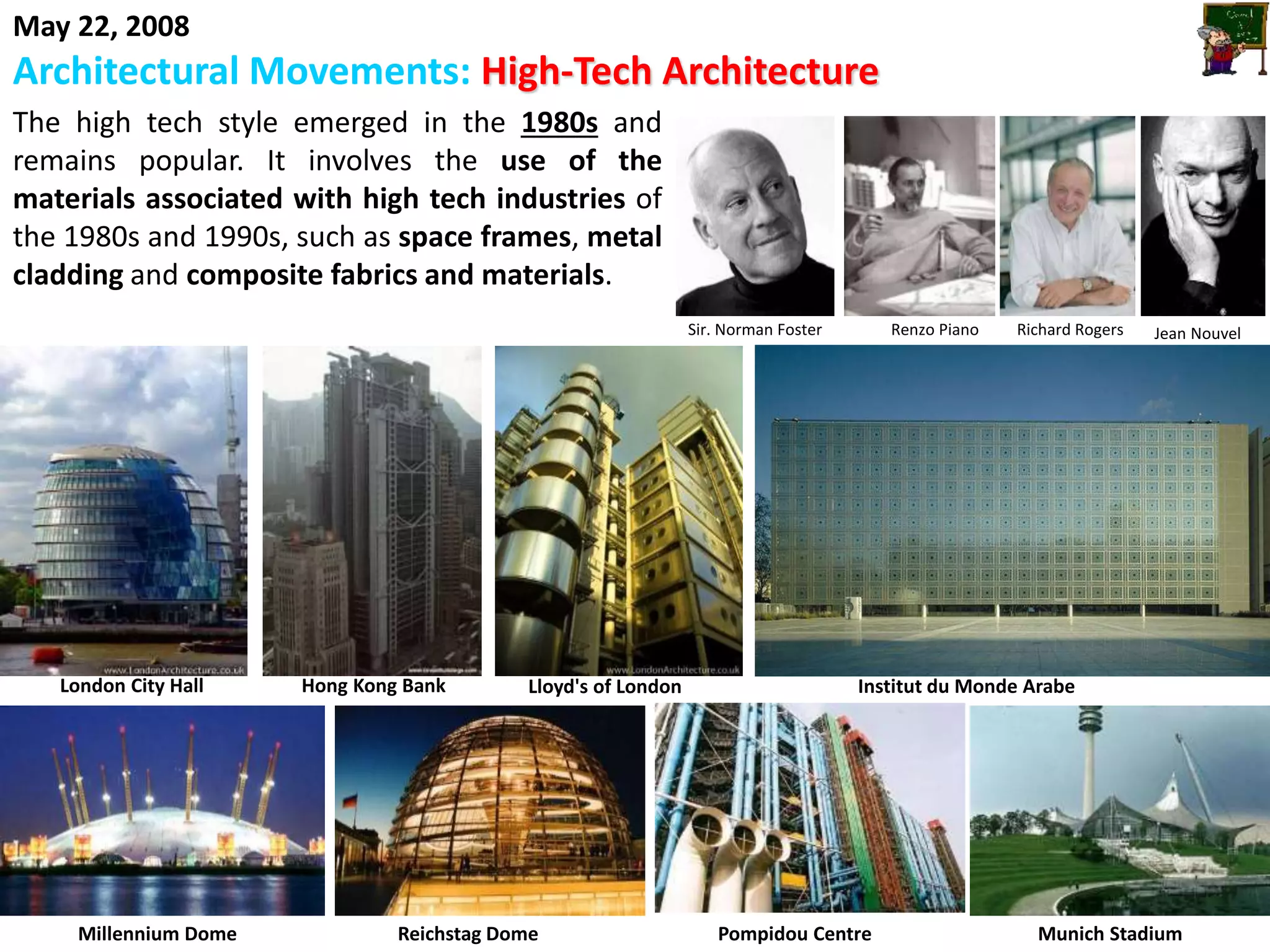 May 22, 2008
Architectural Movements: High-Tech Architecture
The high tech style emerged in the 1980s and
remains popular. It involves the use of the
materials associated with high tech industries of
the 1980s and 1990s, such as space frames, metal
cladding and composite fabrics and materials.
Sir. Norman Foster Renzo Piano Richard Rogers Jean Nouvel
Pompidou Centre Munich StadiumReichstag DomeMillennium Dome
Hong Kong BankLondon City Hall Lloyd's of London Institut du Monde Arabe
 