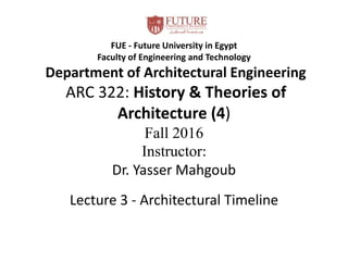 FUE - Future University in Egypt
Faculty of Engineering and Technology
Department of Architectural Engineering
ARC 322: History & Theories of
Architecture (4)
Fall 2016
Instructor:
Dr. Yasser Mahgoub
Lecture 3 - Architectural Timeline
 