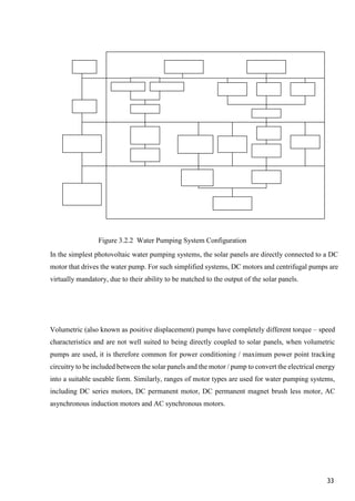33
Figure 3.2.2 Water Pumping System Configuration
In the simplest photovoltaic water pumping systems, the solar panels are directly connected to a DC
motor that drives the water pump. For such simplified systems, DC motors and centrifugal pumps are
virtually mandatory, due to their ability to be matched to the output of the solar panels.
Volumetric (also known as positive displacement) pumps have completely different torque – speed
characteristics and are not well suited to being directly coupled to solar panels, when volumetric
pumps are used, it is therefore common for power conditioning / maximum power point tracking
circuitry to be included between the solar panels and the motor / pump to convert the electrical energy
into a suitable useable form. Similarly, ranges of motor types are used for water pumping systems,
including DC series motors, DC permanent motor, DC permanent magnet brush less motor, AC
asynchronous induction motors and AC synchronous motors.
 