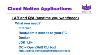 Cloud Native Applications
LAB and Q/A (anytime you want/need)
What you need?
Internet
Root/Admin access to your PC
Docker
JDK 1.8+
OC – OpenShift CLI tool
https://github.com/openshift/origin/releases
 