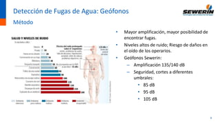 8
• Mayor amplificación, mayor posibilidad de
encontrar fugas.
• Niveles altos de ruido; Riesgo de daños en
el oído de los operarios.
• Geófonos Sewerin:
– Amplificación 135/140 dB
– Seguridad, cortes a diferentes
umbrales:
• 85 dB
• 95 dB
• 105 dB
Detección de Fugas de Agua: Geófonos
Método
 